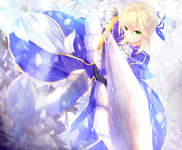 Anime picture 1051x868 with fate (series) fate/stay night fate/zero studio deen type-moon artoria pendragon (all) saber nagishiro mito single long hair looking at viewer fringe open mouth blonde hair standing green eyes fighting stance girl flower (flowers) ribbon (ribbons)
