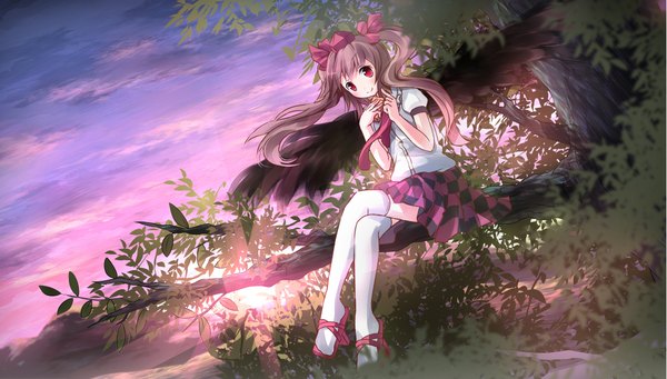 Anime picture 2205x1254 with touhou himekaidou hatate risutaru single long hair looking at viewer blush highres smile red eyes brown hair wide image sitting twintails crossed legs black wings tree sitting checkered skirt girl thighhighs