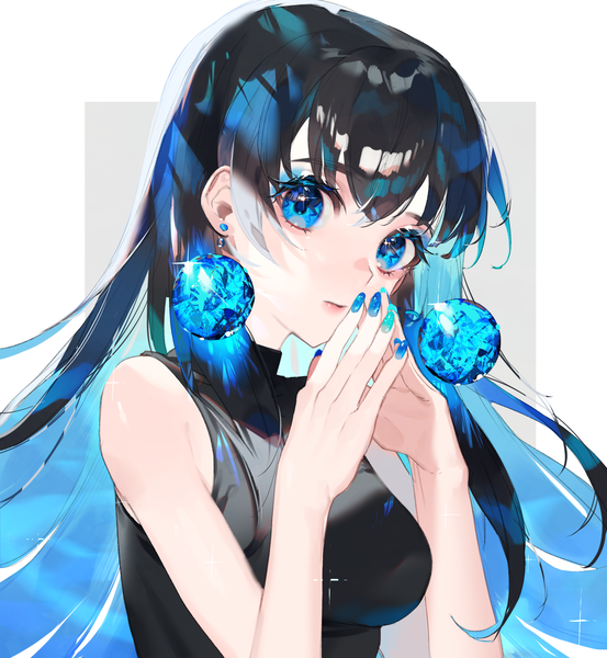 Anime picture 1804x1959 with original zumi (neronero126) single long hair tall image fringe highres blue eyes black hair hair between eyes blue hair upper body nail polish multicolored hair two-tone hair sleeveless colored inner hair outside border blue nail polish fingers together