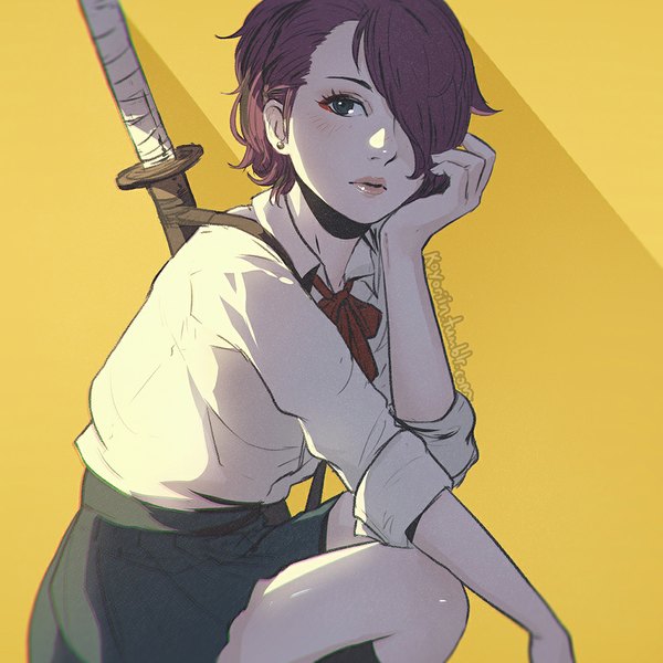 Anime picture 1024x1024 with original koyoriin single looking at viewer fringe short hair blue eyes simple background brown hair signed bent knee (knees) parted lips lips hair over one eye shadow eyebrows squat open collar yellow background sheathed