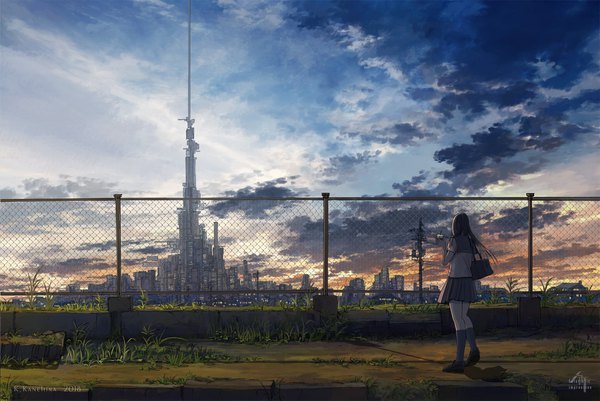 Anime picture 1920x1285 with original k kanehira single long hair highres black hair sky cloud (clouds) evening landscape scenic logo girl skirt uniform plant (plants) miniskirt serafuku building (buildings) grass