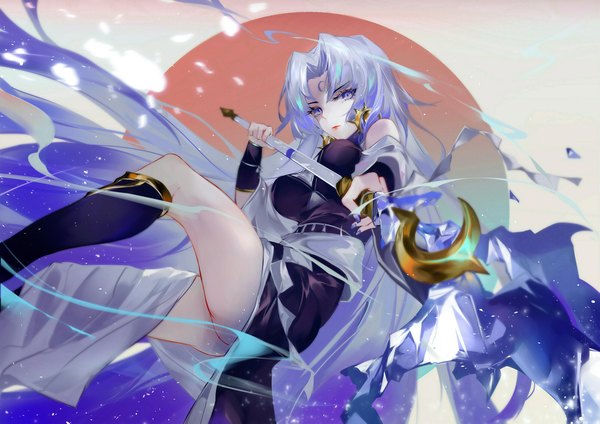 Anime picture 2200x1555 with onmyoji takiyasha hime vardan single long hair looking at viewer highres breasts light erotic simple background purple eyes bare shoulders holding purple hair bent knee (knees) nail polish traditional clothes eyeshadow forehead mark girl