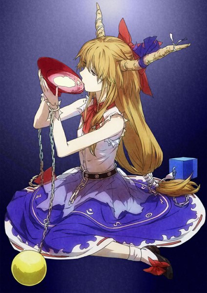 Anime picture 707x1000 with touhou ibuki suika egawa satsuki single long hair tall image fringe blonde hair simple background sitting full body horn (horns) from above drinking girl dress bow ribbon (ribbons) hair bow belt