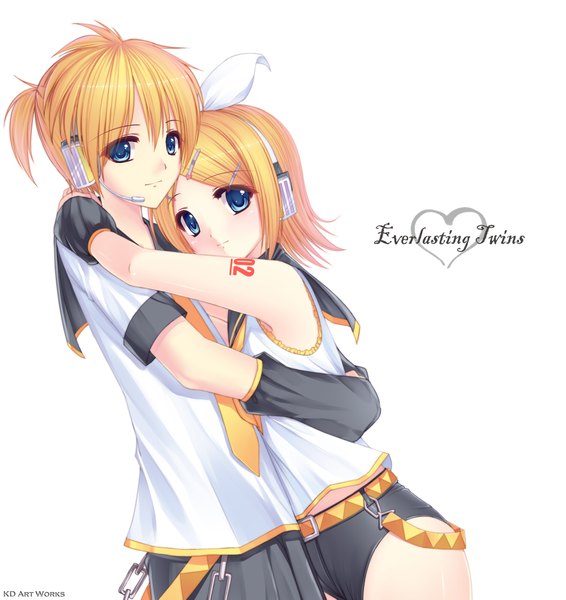 Anime picture 2000x2121 with vocaloid kagamine rin kagamine len caidychen tall image highres short hair blonde hair white background aqua eyes light smile inscription tattoo hug sailor collar girl boy uniform hair ornament bow