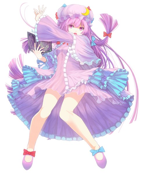 Anime picture 1800x2200 with touhou patchouli knowledge mikoma sanagi single long hair tall image looking at viewer highres simple background white background purple eyes purple hair crescent girl ribbon (ribbons) shoes frills book (books) moon bonnet