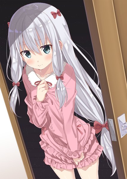 Anime picture 1075x1518 with eromanga sensei a-1 pictures izumi sagiri kukiha single long hair tall image looking at viewer blush fringe blue eyes hair between eyes standing silver hair girl bow hair bow shorts frills pajamas