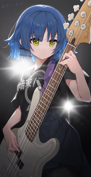 Anime picture 2031x3934 with bocchi the rock! cloverworks yamada ryou sentter single tall image fringe highres short hair simple background standing holding green eyes blue hair blunt bangs parted lips mole short sleeves copyright name mole under eye