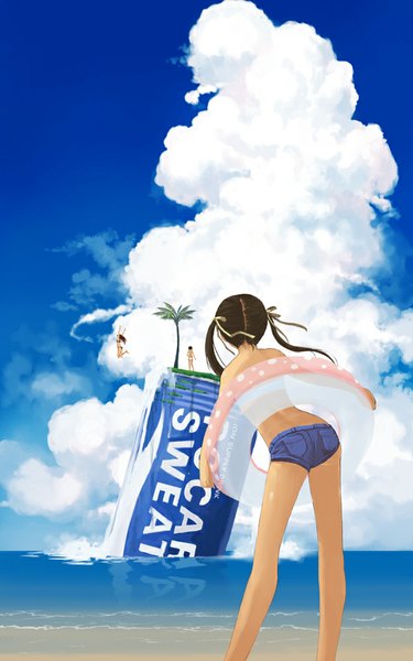 Anime picture 625x1000 with original pocari sweat hirokiku long hair tall image short hair twintails multiple girls sky cloud (clouds) from behind beach jumping girl swimsuit plant (plants) bikini tree (trees) shorts sea