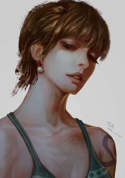 Anime picture 2480x3508 with one piece toei animation nami (one piece) daitsuki jpg single tall image fringe highres short hair open mouth simple background brown hair bare shoulders signed realistic grey background teeth tattoo girl earrings