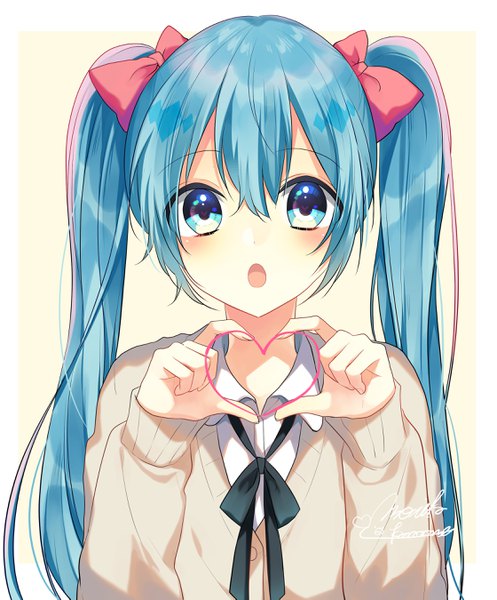 Anime picture 2237x2697 with vocaloid hatsune miku kaname monika single long hair tall image looking at viewer fringe highres blue eyes hair between eyes twintails blue hair upper body symbol-shaped pupils heart-shaped pupils heart hands girl bow hair bow