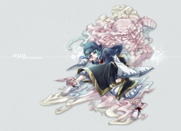 Anime picture 1378x1000 with touhou kumoi ichirin unzan toropp (artist) single short hair simple background smile looking away aqua eyes aqua hair grey background character names magic fighting stance fog girl dress