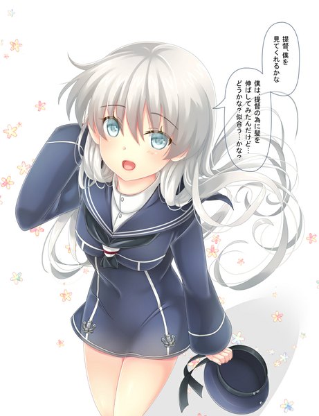 Anime picture 870x1131 with kantai collection z1 destroyer (leberecht maass) baretto single long hair tall image looking at viewer blush fringe open mouth blue eyes hair between eyes white background silver hair from above hat removed headwear removed girl flower (flowers) sailor suit
