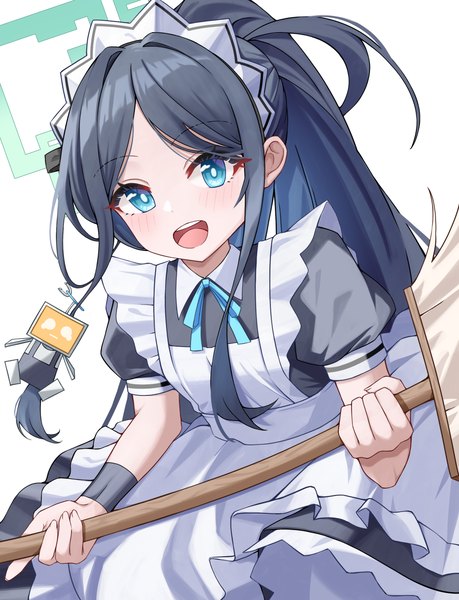 Anime picture 2000x2613 with blue archive aris (blue archive) aris (maid) (blue archive) noa (noa01010) single long hair tall image blush highres open mouth blue eyes black hair simple background white background ponytail :d maid official alternate costume girl uniform