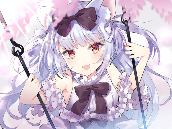 Anime picture 2039x1533 with azur lane yukikaze (azur lane) yukikaze (swings-sama) (azur lane) myusha single long hair looking at viewer blush fringe highres open mouth smile red eyes holding animal ears silver hair upper body blunt bangs :d cat ears