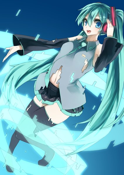 Anime picture 1488x2105 with vocaloid hatsune miku kyouya (mukuro238) single tall image looking at viewer blush open mouth smile twintails bare shoulders aqua eyes aqua hair girl thighhighs navel headphones thigh boots