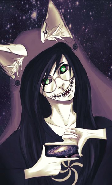 Anime picture 900x1479 with homestuck equius zahhak kambari-bum single long hair tall image looking at viewer open mouth black hair smile green eyes animal ears long sleeves head tilt cat ears teeth piercing ear piercing eyebrows sharp teeth