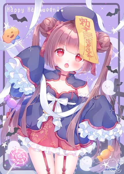Anime picture 1296x1812 with original omochi monaka single long hair tall image looking at viewer blush open mouth red eyes brown hair twintails signed traditional clothes :o hair bun (hair buns) twitter username chinese clothes halloween frilled dress framed