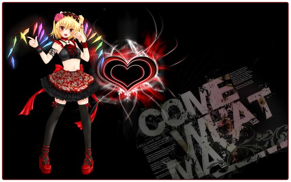 Anime picture 1680x1050 with touhou flandre scarlet nekokotei blush short hair blonde hair red eyes wide image girl thighhighs skirt black thighhighs miniskirt wings heart