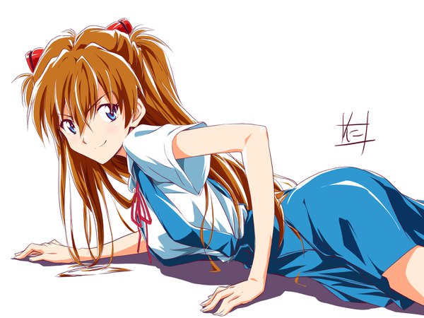 Anime picture 1930x1449 with neon genesis evangelion gainax soryu asuka langley nii manabu single long hair fringe highres blue eyes simple background smile hair between eyes brown hair white background signed looking away lying arm support two side up on stomach