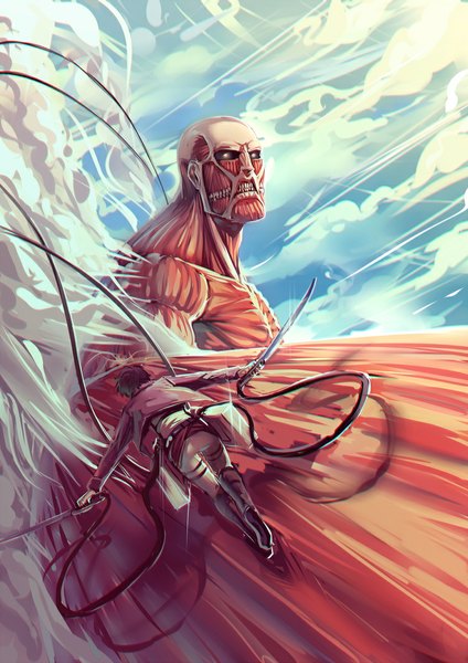 Anime picture 752x1063 with shingeki no kyojin production i.g eren yaeger bertolt hoover colossal titan moni158 tall image short hair black hair holding sky open clothes open jacket grin back smoke dual wielding running no face giant