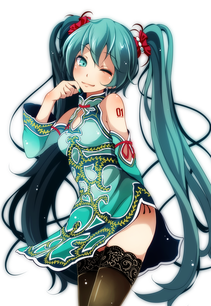 Anime picture 1382x2000 with project diva vocaloid hatsune miku tsukishiro saika single long hair tall image looking at viewer blush fringe breasts light erotic simple background smile hair between eyes white background twintails bare shoulders ponytail nail polish