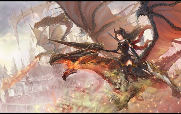 Anime picture 1900x1200 with shingeki no bahamut granblue fantasy forte (shingeki no bahamut) koroneko long hair highres red eyes brown hair holding looking away sky cloud (clouds) bent knee (knees) horn (horns) pointy ears city cityscape fantasy battle girl