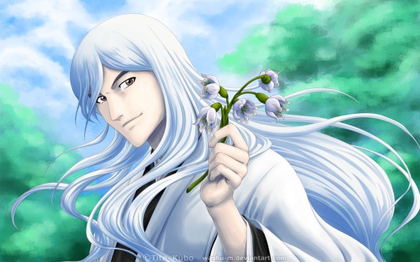 Anime picture 1680x1050 with bleach studio pierrot ukitake juushirou washu-m single long hair wide image brown eyes white hair japanese clothes light smile boy flower (flowers) plant (plants) tree (trees) kimono