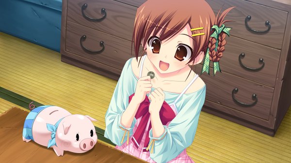 Anime picture 1280x720 with kimi wo aogi otome wa hime ni miyazono hitomi short hair open mouth brown hair wide image brown eyes game cg girl