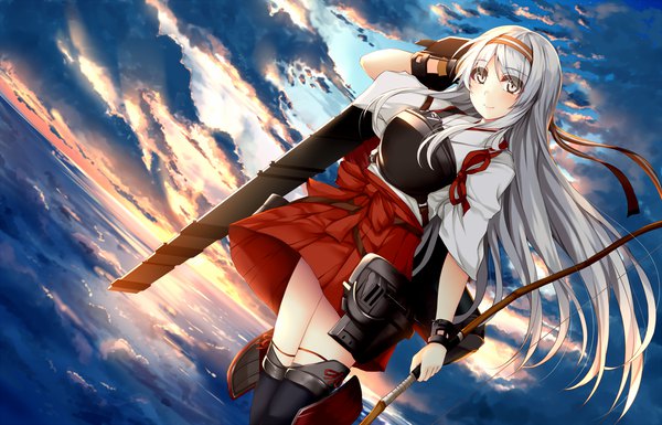 Anime picture 1400x899 with kantai collection shoukaku aircraft carrier morizono shiki single long hair looking at viewer blush fringe hair between eyes standing holding yellow eyes payot sky silver hair cloud (clouds) upper body traditional clothes japanese clothes light smile
