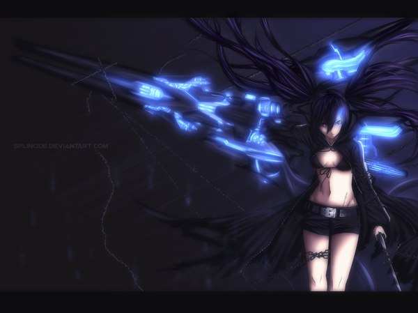 Anime picture 2267x1700 with black rock shooter black rock shooter (character) huke splincide single looking at viewer highres blue eyes black hair twintails very long hair coloring glowing scar glowing eye (eyes) girl weapon jacket shorts belt