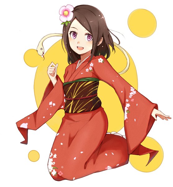 Anime picture 800x863 with original purea single long hair tall image looking at viewer open mouth brown hair white background purple eyes traditional clothes :d japanese clothes hair flower kneeling outstretched arm girl flower (flowers) animal kimono