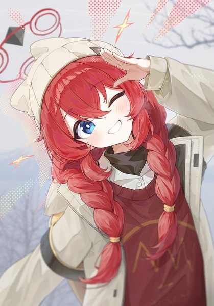 Anime picture 1866x2669 with blue archive maki (blue archive) maki (camp) (blue archive) pellas (panix2383) single long hair tall image looking at viewer fringe highres blue eyes smile hair between eyes red hair braid (braids) head tilt one eye closed wink open jacket twin braids