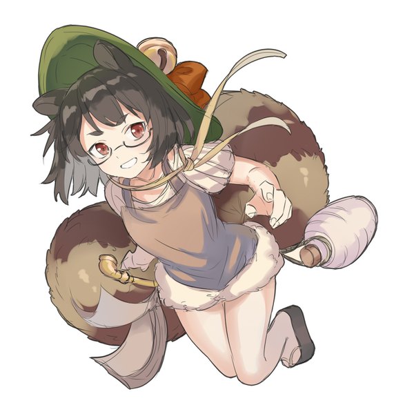 Anime picture 1400x1400 with touhou futatsuiwa mamizou shayuheisi single looking at viewer short hair black hair simple background smile red eyes white background animal ears tail animal tail grin raccoon ears raccoon tail girl hat glasses