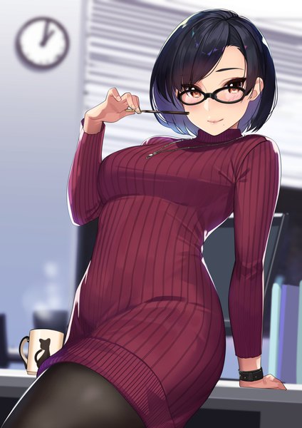 Anime picture 1447x2046 with original kagematsuri single tall image looking at viewer blush fringe short hair black hair smile standing holding brown eyes indoors long sleeves arm up blurry mole arm support depth of field