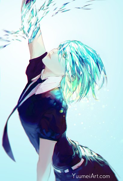 Anime picture 1500x2202 with houseki no kuni phosphophyllite yuumei single tall image fringe short hair simple background hair between eyes signed arm up aqua eyes aqua hair puffy sleeves looking up blue background androgynous necktie