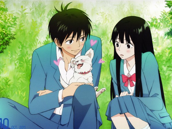 Anime picture 2920x2200 with kimi ni todoke production i.g kuronuma sawako kazehaya shouta long hair blush highres short hair black hair sitting holding black eyes scan uniform bow plant (plants) school uniform heart grass dog