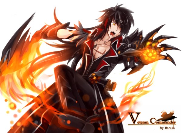 Anime picture 2952x2165 with elsword raven (elsword) tagme (artist) single long hair highres open mouth black hair simple background white background yellow eyes scar fighting stance weapon armor necklace fire flame