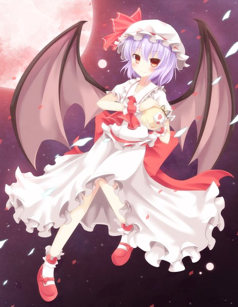 Anime picture 1488x1913 with touhou remilia scarlet aibumi single tall image short hair red eyes purple hair red moon girl dress petals wings frills bonnet