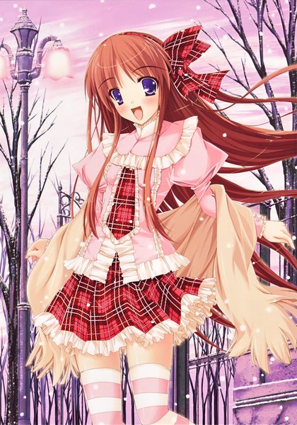 Anime picture 2852x4076 with yuki usagi (mofurafu) single long hair tall image looking at viewer blush highres open mouth smile brown hair purple eyes girl thighhighs plant (plants) tree (trees) striped thighhighs lantern lamppost