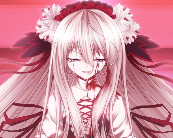 Anime picture 1600x1280 with gothic delusion reimia cura single long hair fringe open mouth blonde hair purple eyes bloody clothes crazy girl hair ornament ribbon (ribbons) hair ribbon blood