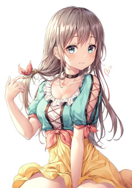 Anime picture 1000x1421 with original r o ha single long hair tall image looking at viewer blush fringe breasts blue eyes simple background hair between eyes brown hair white background sitting payot cleavage head tilt arm up short sleeves