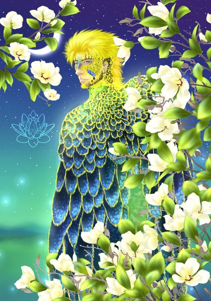 Anime picture 2480x3543 with original yaroslavapanina tall image highres blonde hair looking back night grey eyes night sky crescent boy flower (flowers) plant (plants) animal bird (birds) moon feather (feathers) branch