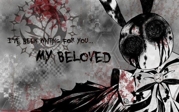 Anime picture 1280x800 with pandora hearts xebec wide image inscription grey background bleeding bow blood toy cloak collar stuffed animal buttons bunny