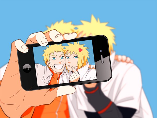 Anime picture 1333x1000 with naruto studio pierrot naruto (series) uzumaki naruto namikaze minato terragin looking at viewer short hair open mouth simple background blonde hair smile aqua eyes blurry multiple boys teeth depth of field hug grin facial mark