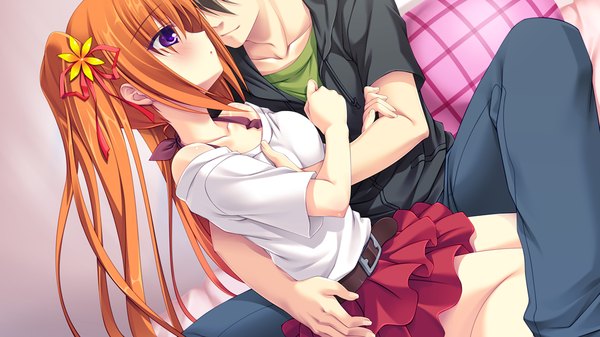 Anime picture 1024x576 with lovely quest long hair blush wide image purple eyes twintails game cg orange hair couple girl boy skirt ribbon (ribbons) hair ribbon miniskirt