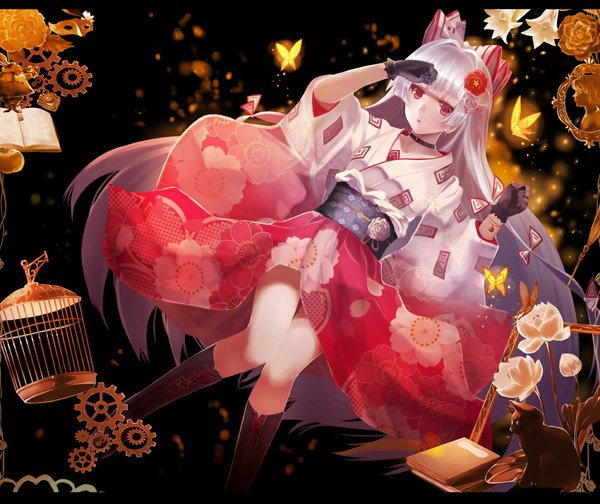 Anime-Bild 1000x840 mit touhou fujiwara no mokou sumisu (mondo) single looking at viewer red eyes silver hair very long hair traditional clothes japanese clothes hair flower floral print weightlessness girl skirt gloves hair ornament flower (flowers) ribbon (ribbons) bow