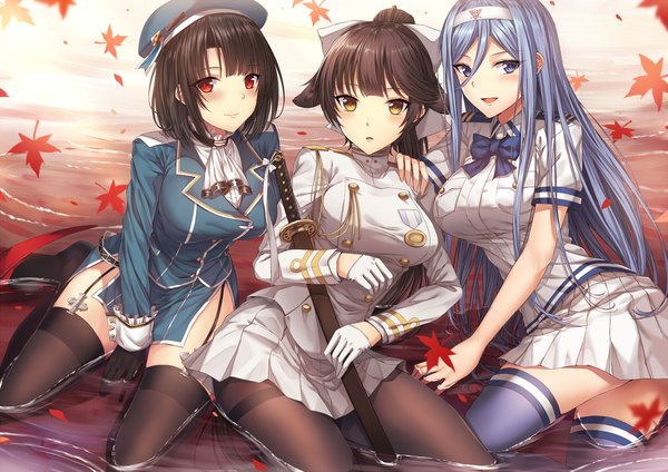 Anime picture 1980x1400 with kantai collection aoki hagane no arpeggio azur lane takao (azur lane) takao heavy cruiser takao (aoki hagane no arpeggio) luzi (coffee-straw-luzi) long hair looking at viewer blush fringe highres short hair breasts open mouth blue eyes light erotic black hair smile hair between eyes