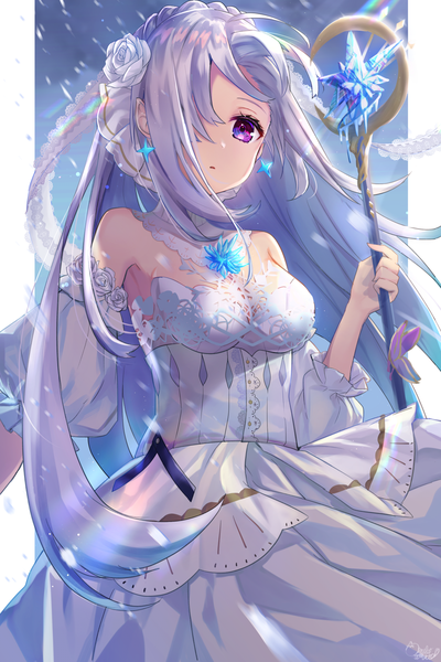 Anime picture 1181x1771 with original omelet tomato single long hair tall image looking at viewer fringe breasts open mouth standing purple eyes bare shoulders holding cleavage silver hair parted lips hair flower hair over one eye floating hair girl