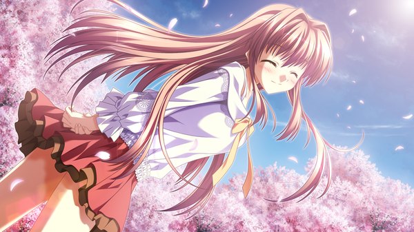 Anime picture 1280x720 with supipara narumi sakura nanao naru long hair blush brown hair wide image game cg eyes closed cherry blossoms ^ ^ girl skirt plant (plants) miniskirt petals tree (trees)