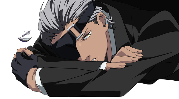 Anime picture 6832x3813 with arcana famiglia debito headstro single highres short hair wide image signed yellow eyes absurdres lying grey hair transparent background vector boy earrings fingerless gloves eyepatch